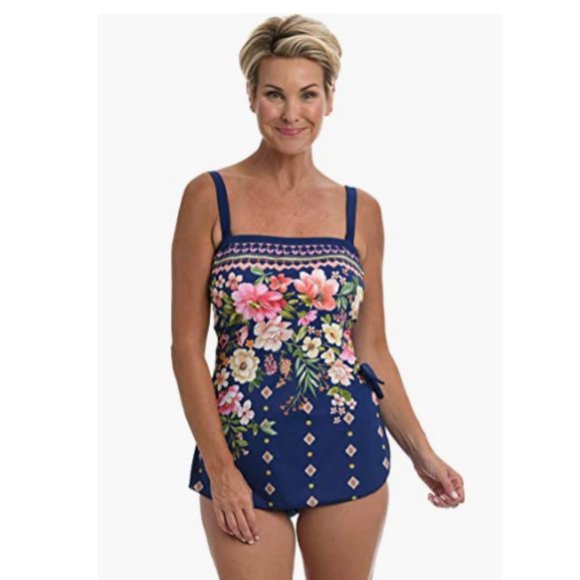 Maxine of Hollywood Women's Standard Side Shirred Girl Leg One Piece Swimsuit, Multi//Ornamental Garden